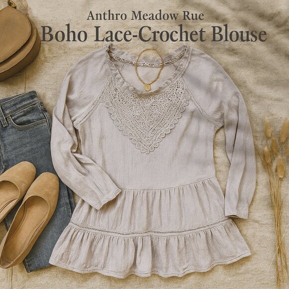 Meadow Rue by Anthropologie Grey Tiered Ruffle Peplum Blouse S Boho Lace-Crochet - Picture 1 of 12